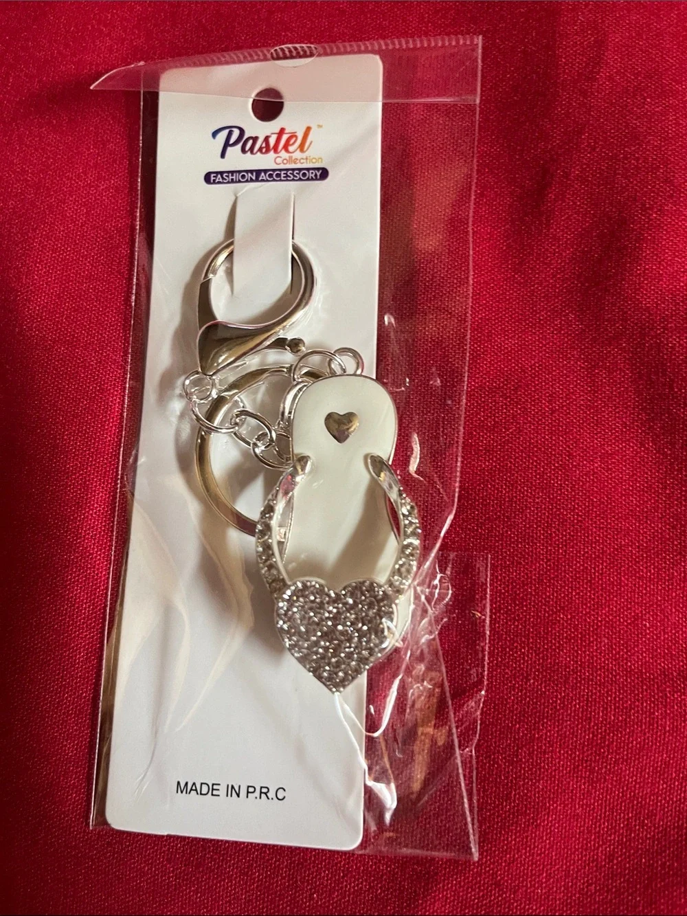 Pastels White & Silver Heart Flip Flop Keychain
